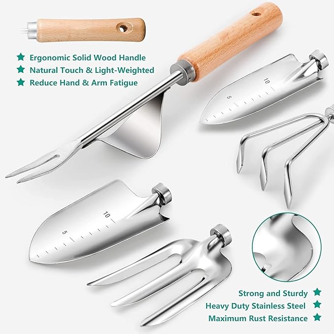 Grenebo Gardening Tools 9-Piece Heavy Duty Garden Hand Tools with Fashion and Durable Garden Tools Organizer Handbag, Rust-Proof Garden Tool Set, Ideal Gardening Gifts for Women