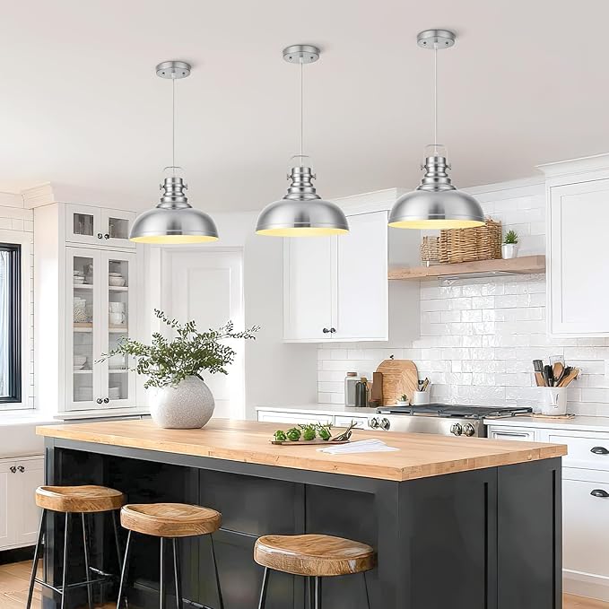 Refice Brushed Nikcel Farmhouse Pendant Lights Industrial Pendant Lighting for Kitchen Island Adjustable Height Dome Hanging Lights for Barn, Dining Room 3 Packs