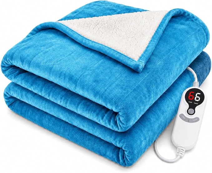 LUXIAN Electric Heated Blanket Full Size 72"x84" Queen Dual-Sided Flannel & Sherpa Fast Heating 9 Heat Settings 1-10H Auto Off ETL Safe Heating Ocean Breeze Blue Bed Sofa Office Winter Gift