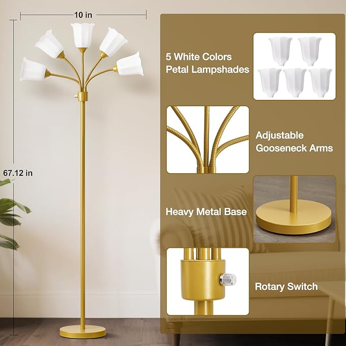 GyroVu Medusa Floor Lamp, Multi Head Modern Tall Lamp with Adjustable Gooseneck Standing Gold Lamps for Living Room Kids Room&Bedroom-5 White Lampshades-Bulb Not Included