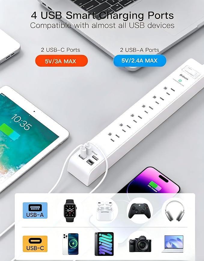 2 Pack Power Strip, 12FT Extension Cord, Surge Protector with 6 Outlets and 4 USB Ports (2 USB C), Extension Cord with Multiple Outlets, Flat Plug Overload Protection, Wall Mount for Home Dorm College