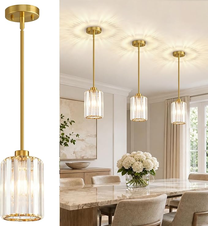 1 Pack Brushed Gold Pendant Lights Kitchen Island, Modern Crystal Chandelier Kitchen Pendant Lighting Over Island, Adjustable Hanging Mini Light Fixtures for Dining Room Hallway Corridor Bedroom