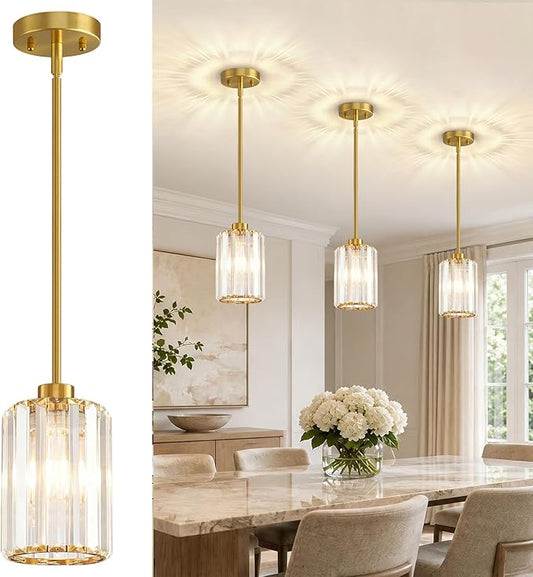 1 Pack Brushed Gold Pendant Lights Kitchen Island, Modern Crystal Chandelier Kitchen Pendant Lighting Over Island, Adjustable Hanging Mini Light Fixtures for Dining Room Hallway Corridor Bedroom
