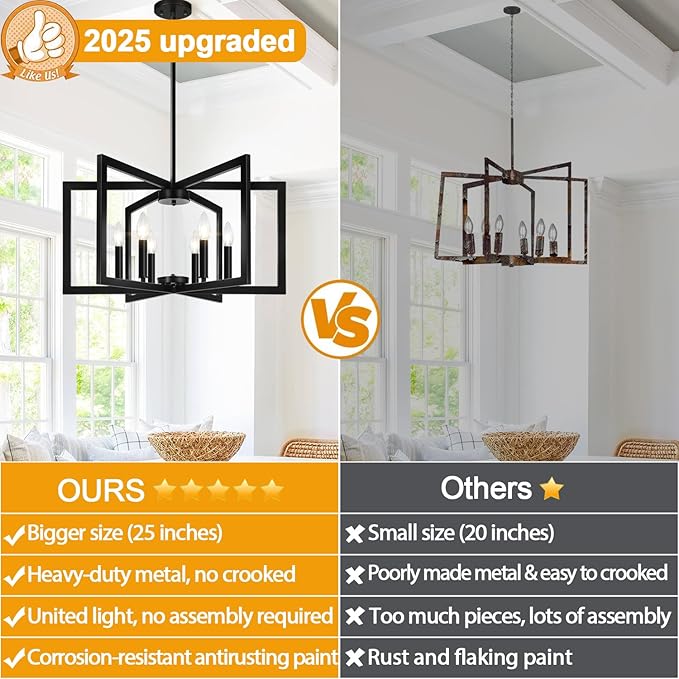 25"-61" Height Adjustable Modern Matte Black Chandelier for Dining Room, No Assembly Required Black Dining Room Light Fixture Over Table, Industrial Metal Pendant Lights Fixture for Kitchen Island