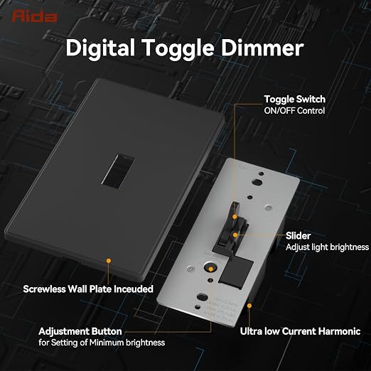 AIDA Digital Toggle Dimmer Switch for Dimmable LED, CFL & Incandescent Bulbs, Single Pole/3-Way, Screwless Wall Plate Included, UL Listed, No Neutral Wire Needed, Black, (2 Pack)