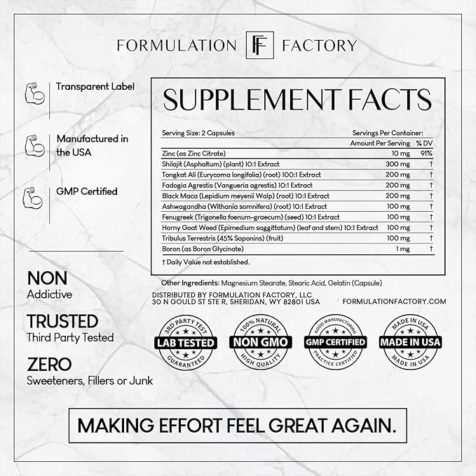 Formulation Factory Self Obsessed Masculine Vitality & Testosterone Support - 10-in-1 Complex with Shilajit, Tongkat Ali, & Fadogia Agrestis - Self Obsessed Starter 120 Capsules, 2 Month Supply