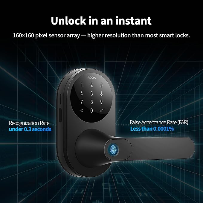 Aqara Smart Lock U300 Upgraded Version, Fingerprint Keyless Entry Door Lock with Handle, Matter Over Thread, Apple Home Keys, Touchscreen Keypad, Smart Lever Lock Supports Homekit Alexa Google, Black