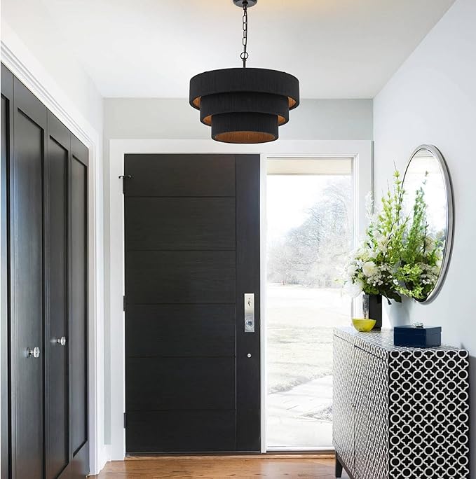 20” Boho Hand Woven Rattan Chandelier Modern 3 Round Adjustable Coastal Pendant Light for Kitchen Island Dining Living Room, Black, UL Listed