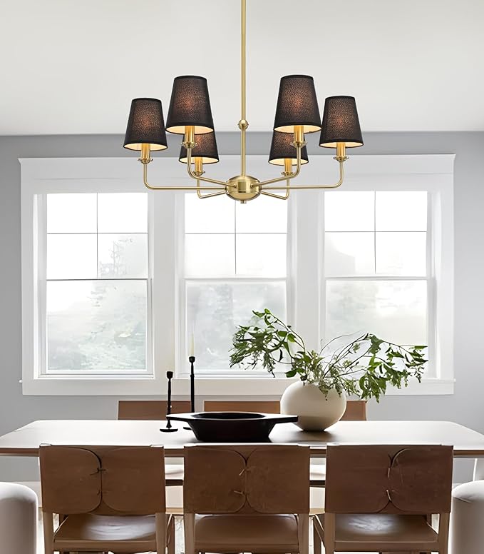 6-Light Brushed Gold Chandelier with Black Fabric Shades, Modern Brushed Brass Chandelier Light Fixture, E12 Base Hanging Pendant Light for Dining Room Living Room Bedroom Kitchen Island Foyer