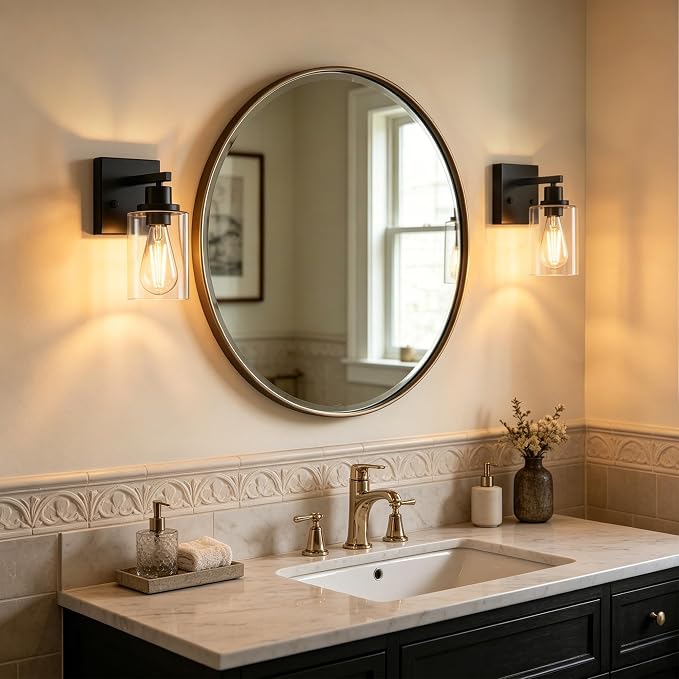Wall Sconces Set of 2 Matte Black Vanity Lights for Bathroom, Modern Wall Light Fixtures Sconce Lights Indoor with Clear Glass Farmhouse Wall Mount Lamp for Bedroom Mirror Living Room Hallway E26 Base