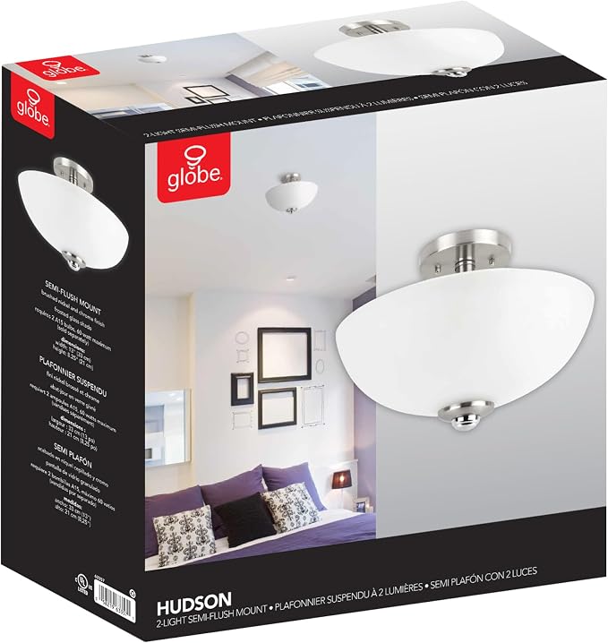 Globe Electric 63357 13 in. 2-Light Semi-Flush Mount Ceiling Light, Brushed Nickel, Chrome Accents, Frosted Glass Shade