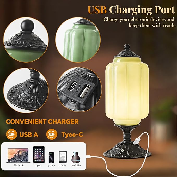 Milk Glass Table Lamp, Touch Control with USB Charging Port Vintage Bedside Desk Lamp Stepless Dimming for Bedroom Living Room Nightstand Led Bulbs Included （Green）