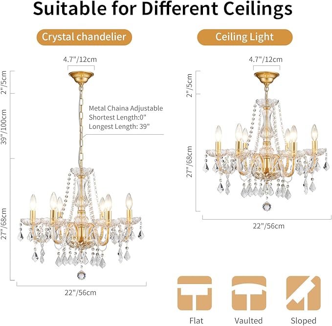 Crystal Chandelier Light Fixture, Modern K9 Crystal Chandeliers for Dining Room, 6-Lights Gold Ceiling Light, Adjustable Hanging Pendant Light Fixture for Living Room Entryway Kitchen Island Hallway