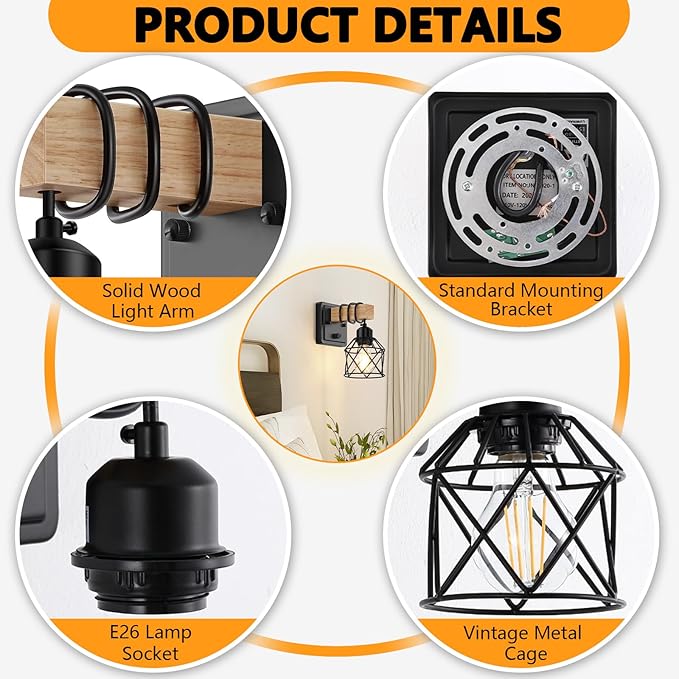 FadimiKoo Dimmable Wall Sconces Set of Two, Bedside Wall Mounted Lamp with Rotary Switch, Wooden Black Bathroom Light Fixtures with Metal Cage, Hardwired Farmhouse Wall Lights for Bedroom, Living Room