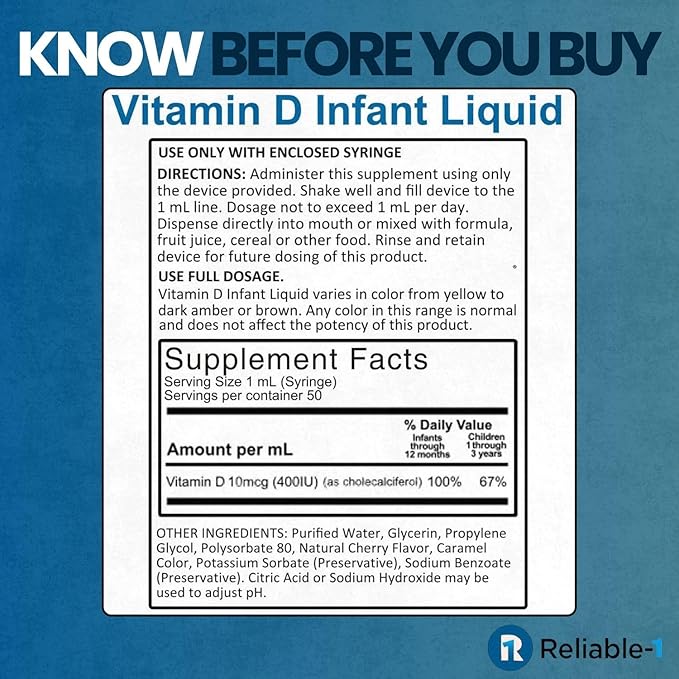 Reliable-1 Laboratories Infant Liquid Vitamin-D Drops (Natural Fruit Flavoring) Sugar & Alcohol Free, for Breast Feeding Babies 0-12 Months and Up