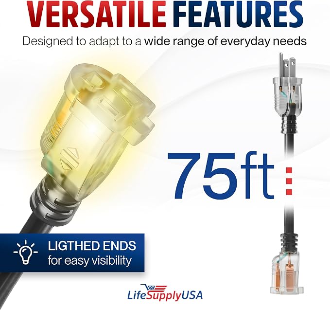 75ft Outdoor/Indoor Extension Cord 12/3 Gauge Extra Heavy Duty 3 Prong SJTW, Waterproof, Flexible Cold-Resistant Long Power Cord,15A 125V 1875W, Black by LifeSupplyUSA