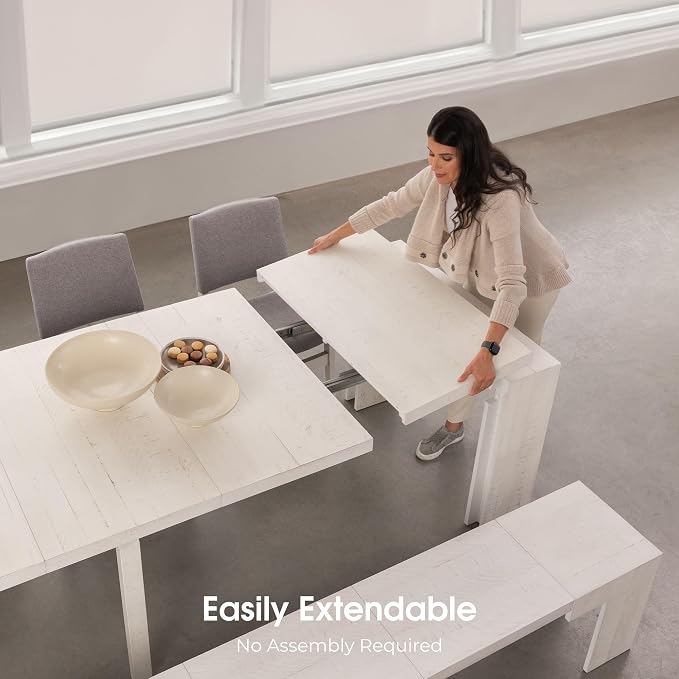 Transformer Table - Solid Wood Extendable Dining Table, Seats 2-12, Expandable Dining Room Table, Space-Saving Furniture, Kitchen and Dining Room Furniture (White, Table + Bench + Coffee Table)
