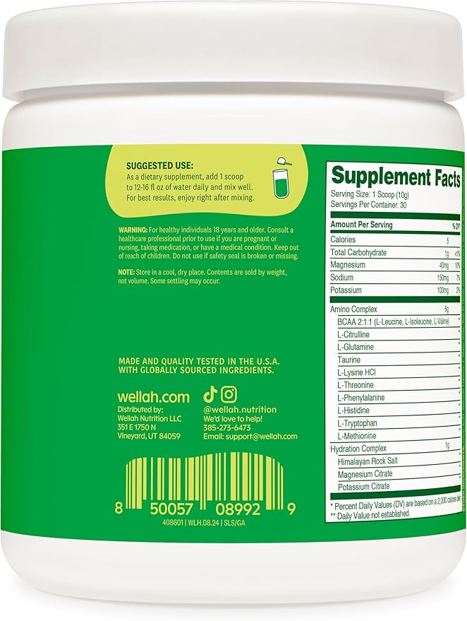 Wellah BCAAs (Green Apple Flavored) 30 Servings - BCAA Powder with Hydration Complex