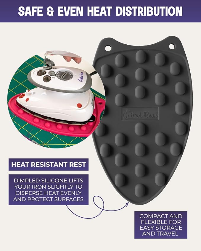 The Quilted Bear Mini Iron, Rest & Ironing Mat - Lightweight Mini Steam Iron with Hard Shell Travel Case, Rest & Ironing Mat - Travel Essentials for Wrinkle Free Clothes & Effortless Quilting (Black)
