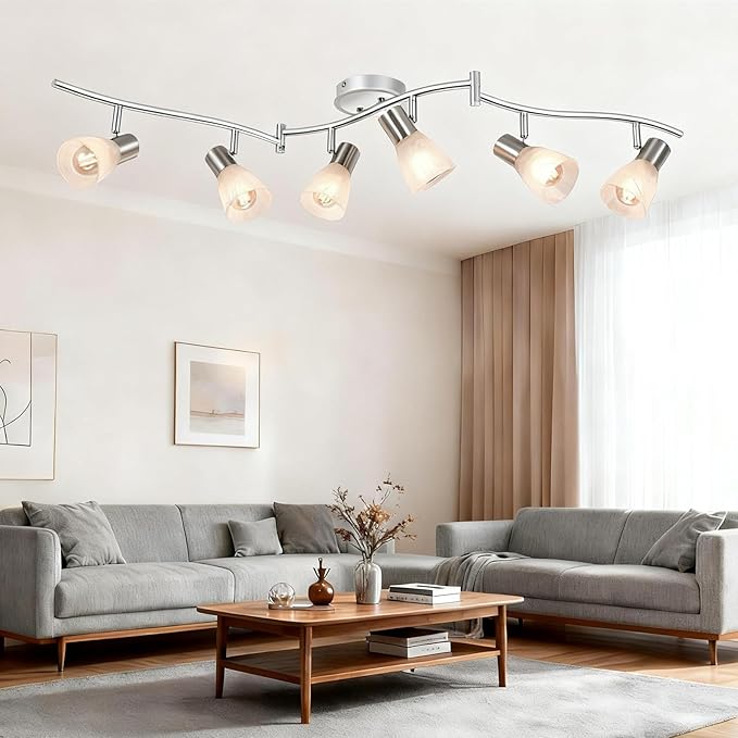 HiBay 6-Light Ceiling Light Fixture, Adjustable LED Track Lighting Kit, Modern Sliver Spotlight with Glass Shade for Kitchen Living Room Hallway, E12 Base (Bulbs Not Included)