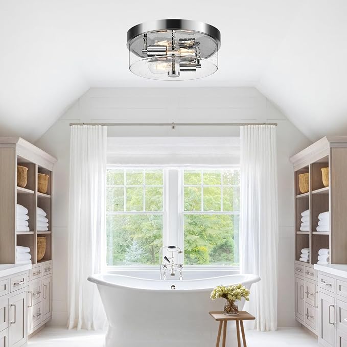 Flush Mount Ceiling Light Fixtures, 2-Light Chrome Ceiling Mount for Farmhouse with Seeded Glass Lampshade, Industrial Hall Flush Mount Light Fixture for Hallway, Kitchen, Entryway, Bedroom and Foyer