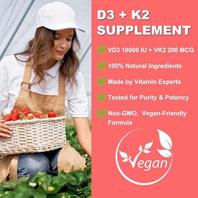 Sugar Free Vitamin D3 K2 Gummies - Vitamin D Gummies with VD3 10000IU, VK2 200MCG, 7 Essential Vitamins - Supports Bone, Muscle, Teeth & Immune - Vegan, Non-GMO, Strawberry Flavor, 120 Count