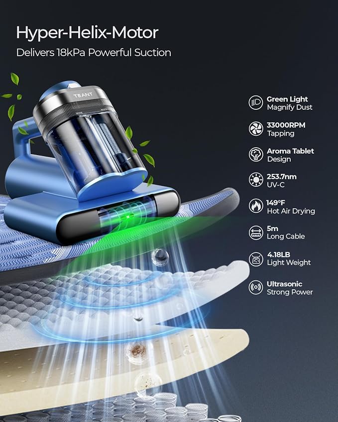 Teant Powerful Mattress Bed Vacuum Cleaner, 2-Speed (14kPa/18kPa) Mattress Vacuum with Green Light Dust Detection, 253.7nm UV-C Light, LED Display, HEPA Filter, 149℉ Heat, Aroma for Bed Couch