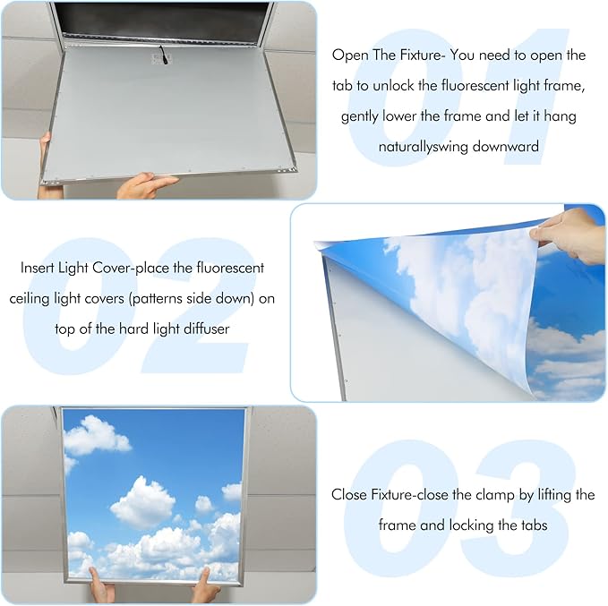 Amylove 4 Pcs Fluorescent Light Covers Classroom Ceiling Panels Light Filters with Backlit Film Material for Office School, 4 x 2 Feet (White, Blue,Cloud)