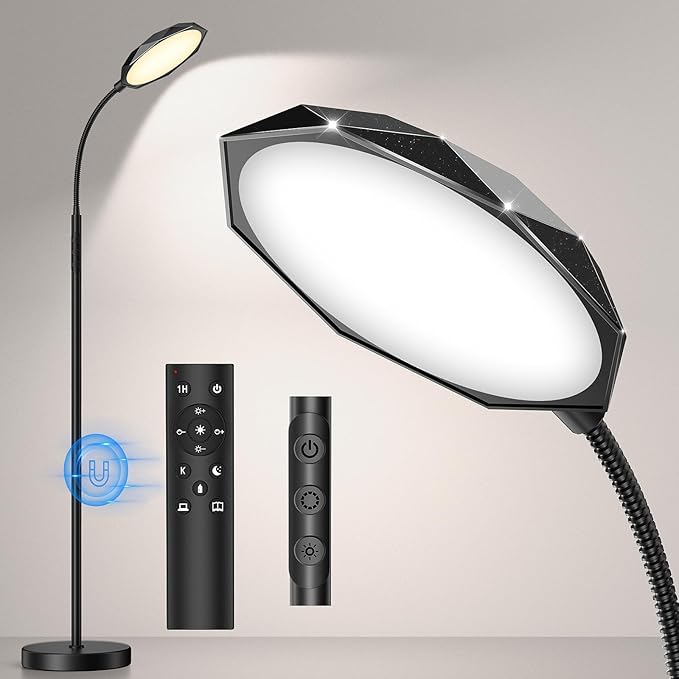 Floor Lamp, 18W Bright LED Floor Lamps for Living Room with Diamond-Surface, Stepless Adjustable Colors & Dimmer Standing Lamp with Timer, Remote & Touch Control, Reading Lights for Bedroom, Office