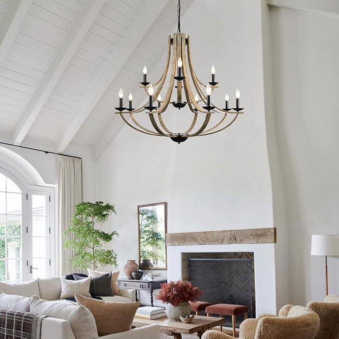 LAMPKEDUO Farmhouse Chandeliers for Dining Room Light Fixture, 2 Tier 12-Light 41" Adjustable Height Retro Faux Wood Texture Rustic Light Fixtures for Living Room Bedroom Kitchen Island Foyer Entryway