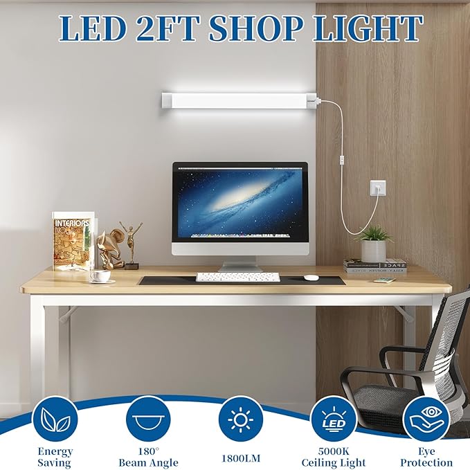 Airand Utility LED Shop Light Fixture 2FT with Plug, Linkable led Tube Light 5000K Under Cabinet Lighting,1800 LM LED Ceiling and Closet Light 18W, Corded Electric with ON/Off Switch