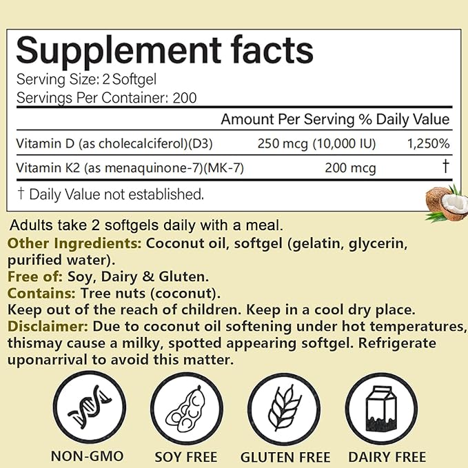 Real Good Essentials Vitamine D3 K2 10000 UI, 200 gélules d'huile de noix de coco vierge, complément vitaminique D & K 2 en 1 (inclut MK7), facile à avaler, soutient l'absorption du calcium, la santé osseuse (1 pièce)