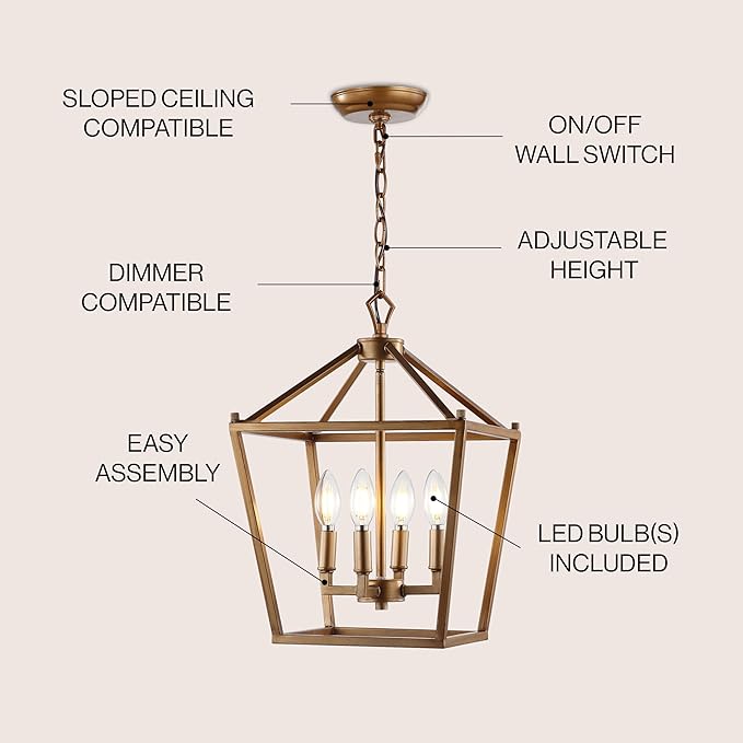 JONATHAN Y 12" Antique Gold Lantern Pendant Light, 4-Light Pagoda Style Metal Cage Farmhouse Hanging Ceiling Fixture for Kitchen Island, LED Bulb Included (JYL7436B)