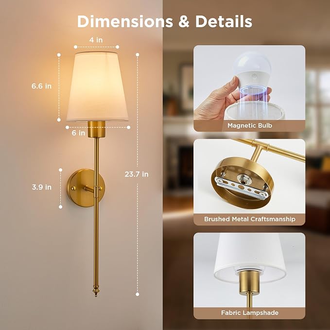 Brightown Battery Operated Wall Sconces Set of Two, RGBWW Wireless Rechargeable Wall Lights with Dimmable Magnetic Bulbs and Remote, Gold Wall Lamp for Living Room Bedroom Hallway Decor