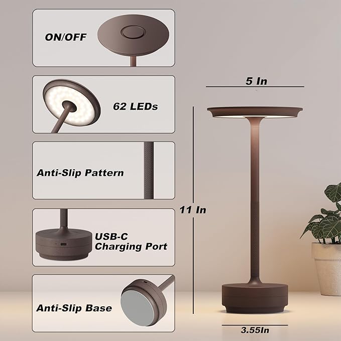 TBBGA 2 Pack Rechargeable Cordless Table Lamps, 5000mAh Portable Battery Table Light, 3 Color Stepless Dimming LED Table Light with Memory Function, for Outdoor/Home/Patio/Restaurant.(Rust)