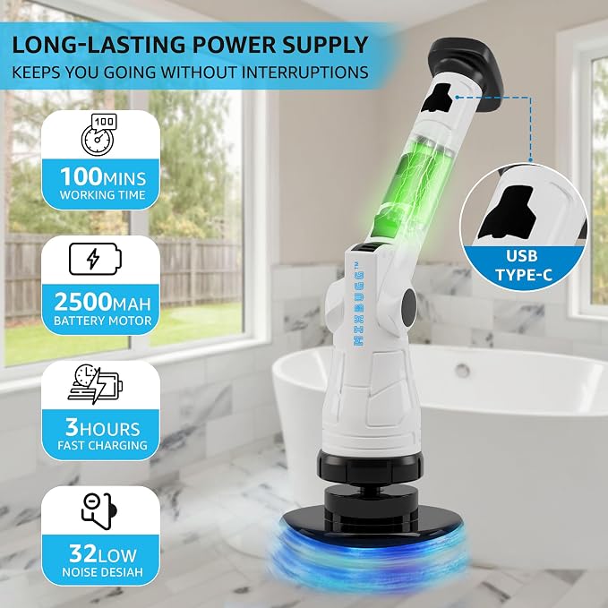 Electric Spin Scrubber, 3-Speed 6 Adjustable Head Power Scrubber for Cleaning Bathroom, 8 Brush Heads & 54" Long Handle, Cordless Scrubber with LCD Display Shower Scrubber for Grout Tile Floor Tub Car