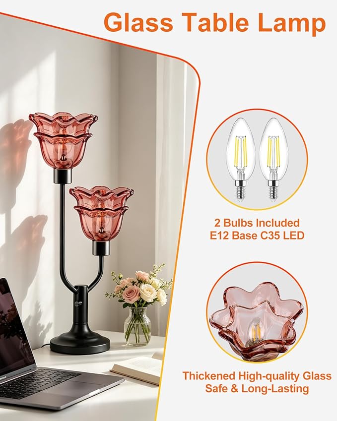 Lightdot Mid Century Modern Flower Table Lamp Dimmable Nightstand Lamp Red Glass Vintage Black Desk Lamp 2 Bulbs Included Warmwhite Ambient Bedside Lamps for Living Room Bedroom Home Office Decor Gift