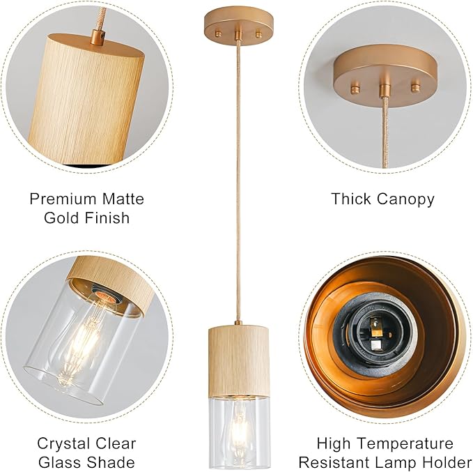 2-Pack Gold Pendant Light Fixtures, Adjustable Modern Pendant Lights for Kitchen Island, Industrial Clear Glass Pendant Lights for Dining Table Hallway Bedroom Living Room