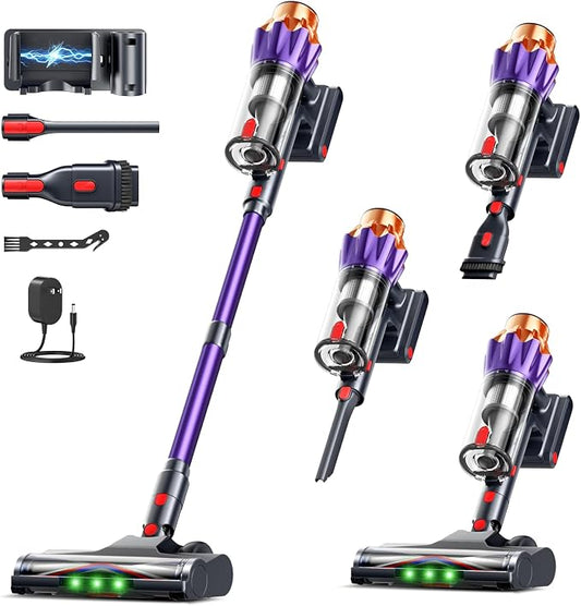 Cordless Vacuum Cleaner for Home, 600W/50KPa Powerful Suction, 60Mins Self-Standing Stick Vacuum with Anti-Tangle Brush & LED Display, Lightweight Handheld Vacuum for Pet Hair, Carpets & Hard Floors