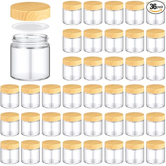 Norme 36 Pcs 4 oz Glass Jars with Lids Empty Small Glass Containers and Inner Liners Reusable Cosmetic Jars Round Airtight Bottles with Plastic Woodgrain Lids for Travel
