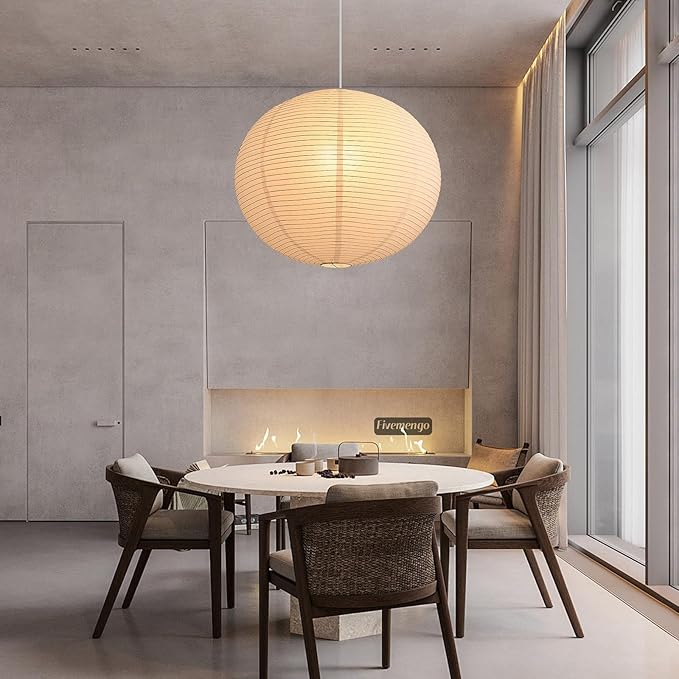 Large Rice Paper Pendant Light Kit, 23.6in White Globe Paper Lantern Lights, E26 Base, Japanese Hanging Lantern Lamp Japandi Chandelier for Dining Room Bedroom Office Living Room