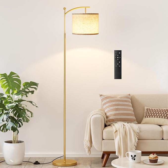 Ambimall 60" Gold Floor Lamp with Remote Control and Stepless Dimmable Bulb, Colors Temperature & Brightness Adjustable, Modern Floor Lamps for Living Room, Beige Shade & Gold Pole