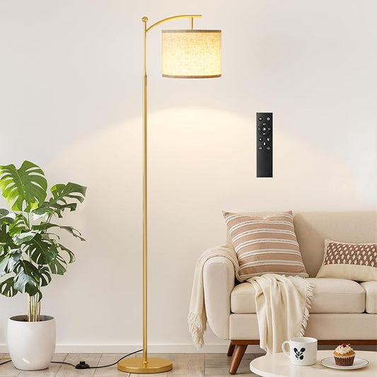 Ambimall 60" Gold Floor Lamp with Remote Control and Stepless Dimmable Bulb, Colors Temperature & Brightness Adjustable, Modern Floor Lamps for Living Room, Beige Shade & Gold Pole