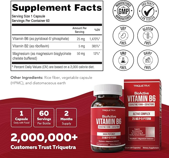 BioActive Vitamin B6 25mg Capsules - Active P-5-P Form for Mood, Energy & Cycle Support - Enhanced Absorption with Riboflavin & Magnesium - Clinical Strength, Non-GMO (60 Capsules - 2 month supply)