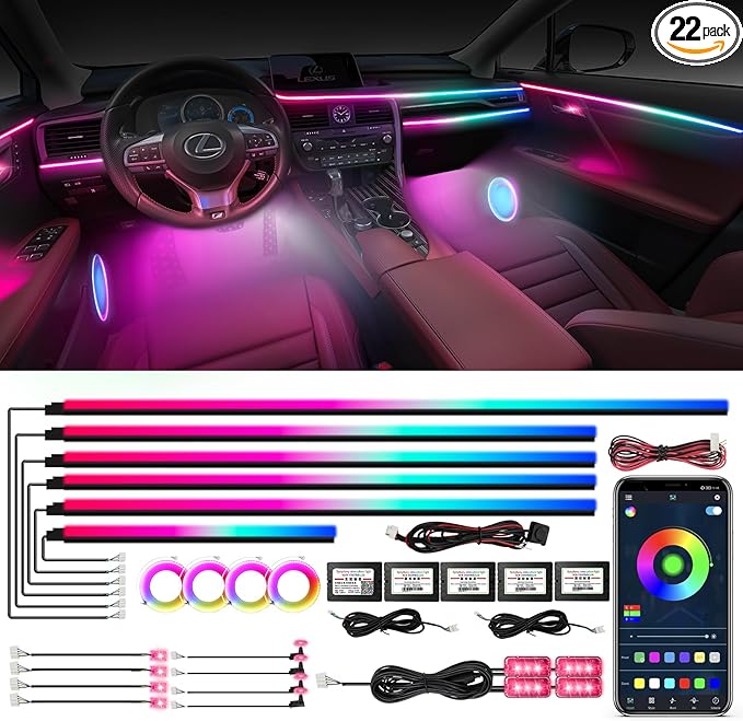 Dreamcolor Acrylic Ambient Lighting Car Lights – Wireless APP Control, Music Sync, Dynamic RGB Interior Car LED Strip Light Kit, 22-in-1 Customizable LED Neon Light Kits for Car Interior