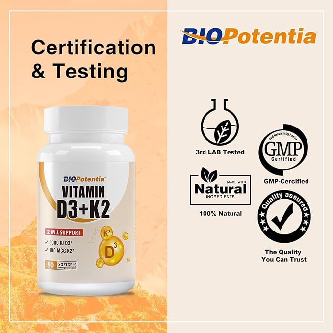 Complément de Vitamine D3 K2 (MK7) en Gélules, Vitamine D3 5000 UI & K2 100 µg avec Huile MCT, Soutien Immunitaire, Santé des Os & Dents, Sans Gluten, Non-OGM | 90 Gélules