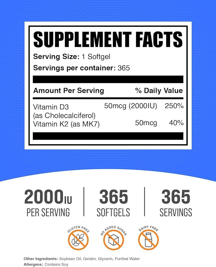 BulkSupplements.com Vitamine D3 + Vitamine K2 Gélules – D3, K2, Complément Vitaminique – Sans Gluten, 1 Gélule par Portion (2000 UI), 365 Comprimés (Lot de 1)