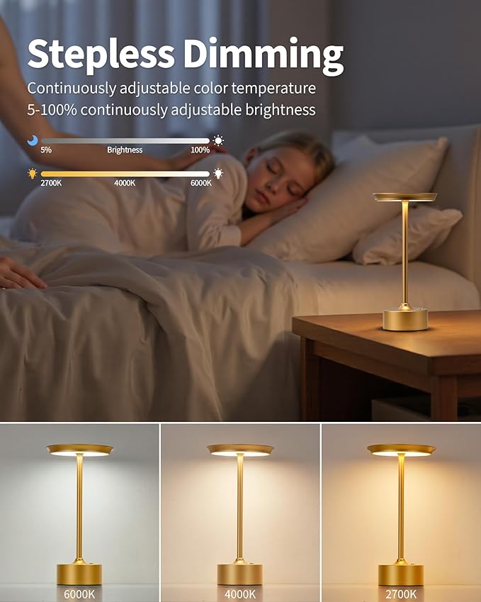 PUSU Rechargeable Table Lamps Set of 2, Gold Cordless LED 4000mAh Battery Desk Lamp, Stepless Dimming & 3 Color 2700K-6000K, Portable Lamp for Bedroom, Living Room, Restaurant, Outdoor, Night Light