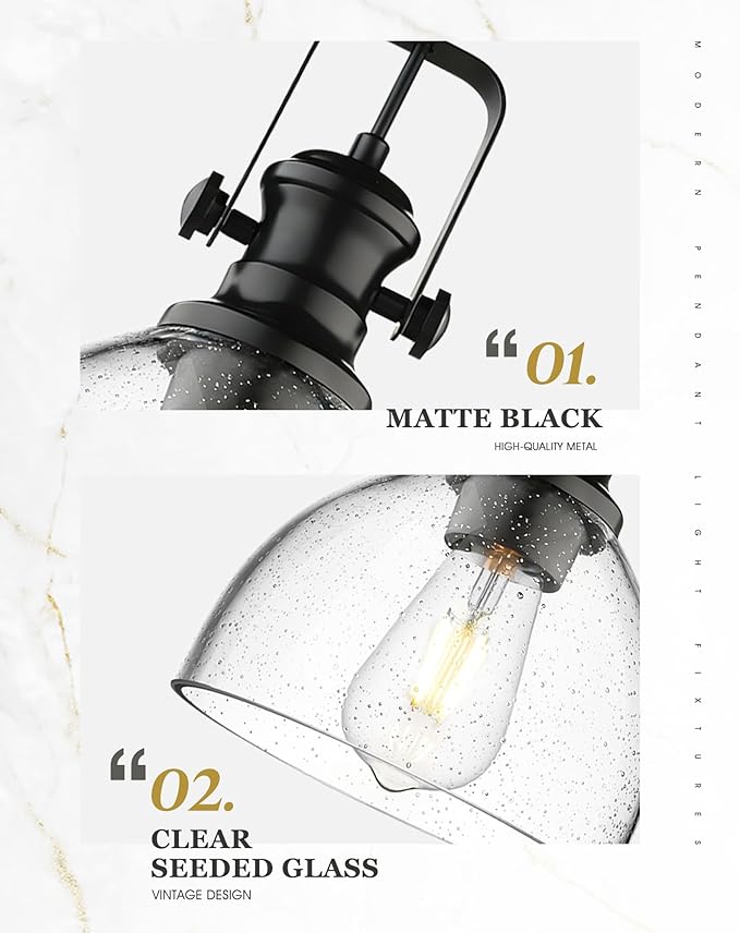 2-Pack Pendant Lights Kitchen Island, 7.5" Black Pendant Lighting with Clear Seeded Glass Shade, Farmhouse Hanging Light Fixtures for Dining Room, AD-22151-1P2-BK-G