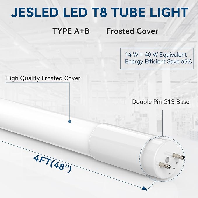 JESLED 4 Pack T8 LED Tube Lights 4FT, Fluorescent Replacement, 48 Inch, 14W, 2450LM,4000K, Single or Double End Power, Type A+B, Plug and Play or Ballast Bypass, Frosted